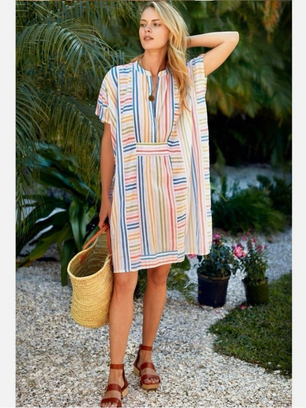 Emerson Fry “India Collection” rainbow stripe short cotton caftan dress (OS)
